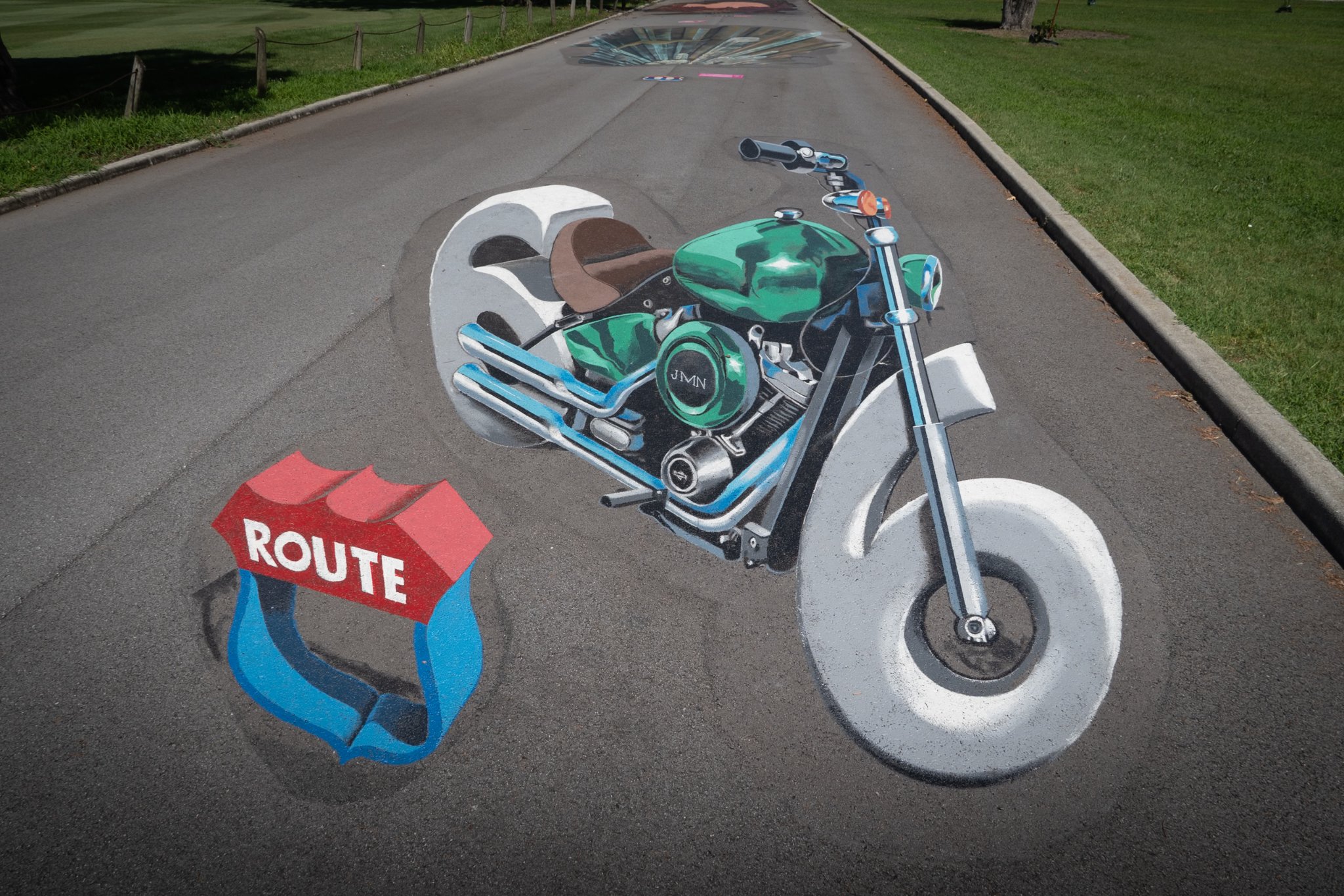Route 66 3D street art motorcycle painting near Schifferdecker Park